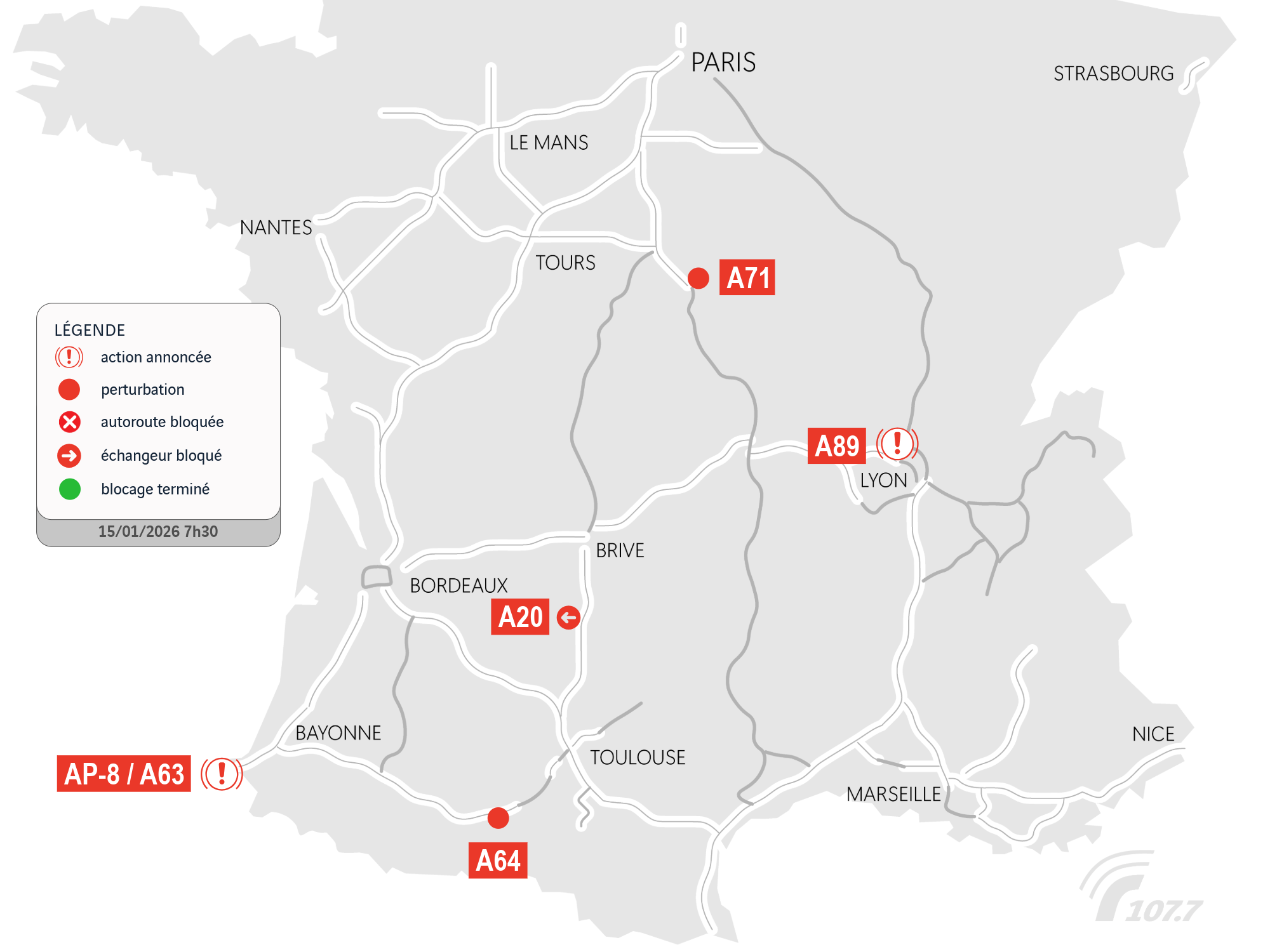 Cartes des manifestations des Agriculteurs sur A63, A64, A20, A71, A89 ce jeudi matin 15/1