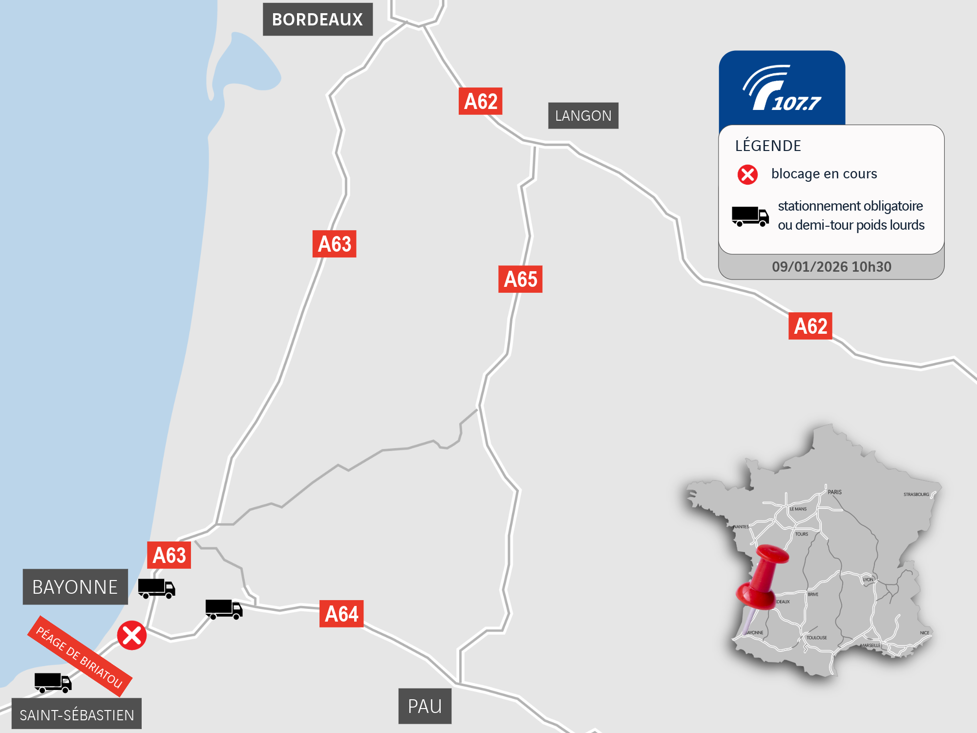 Manifestation agriculteurs : nouveau blocage à Bayonne, l'autoroute A63 est coupée