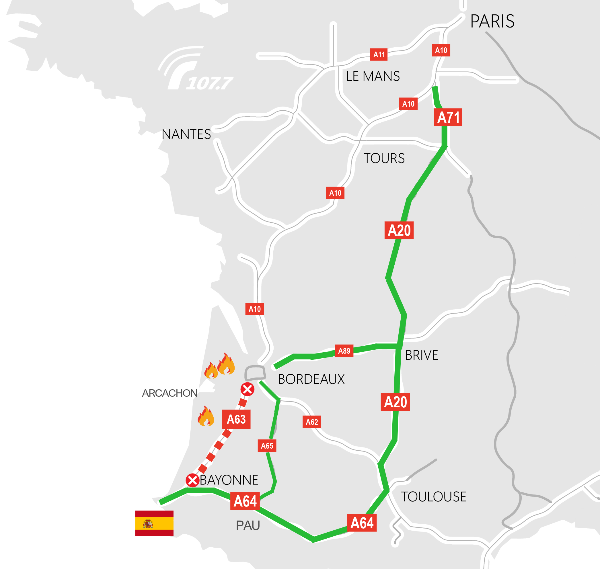 Feux près de Bordeaux, A63 fermée sur 170 km, bouchons à Bayonne : la situation lundi 27 juillet