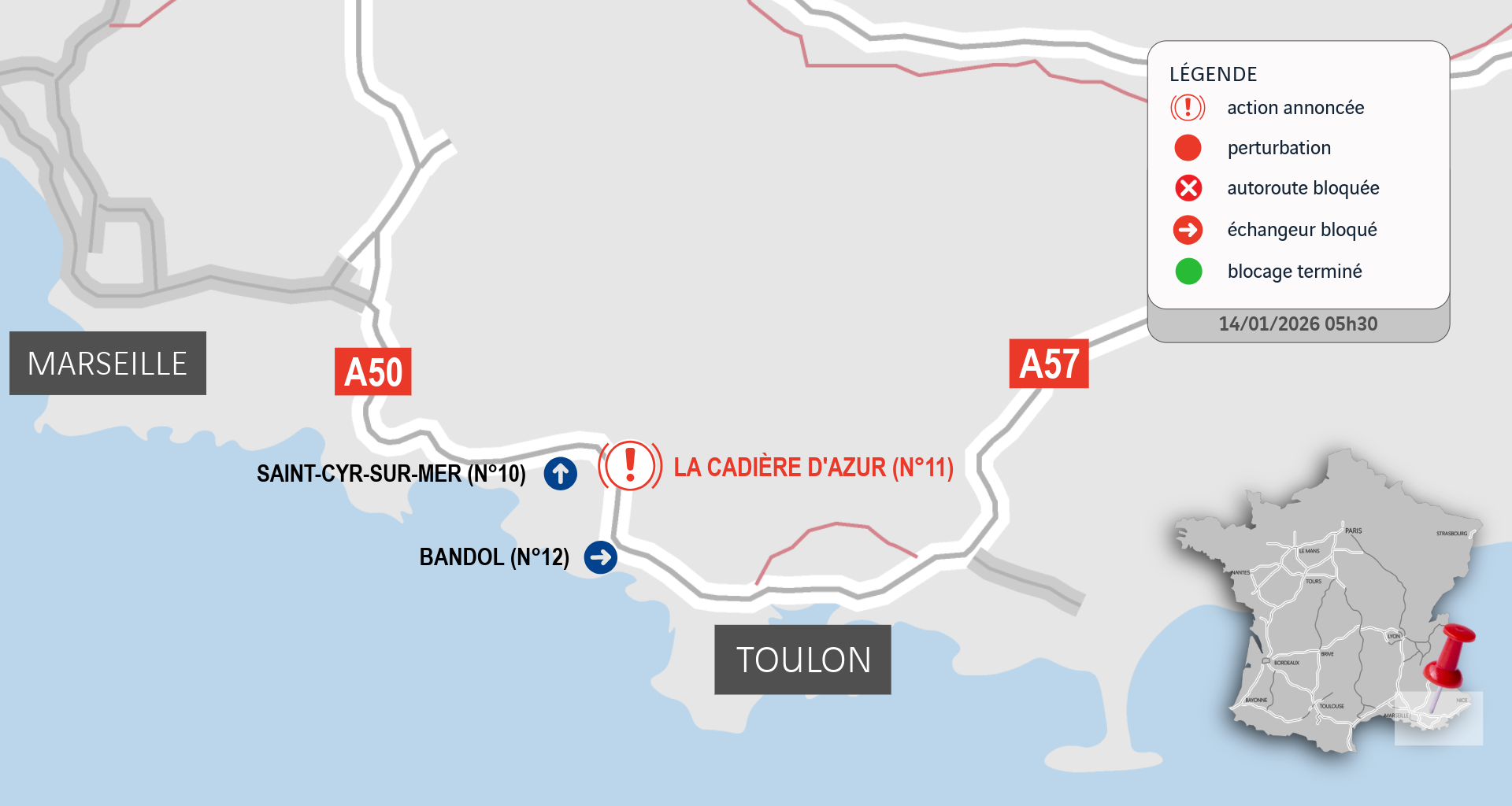 Carte. Où A50 est-elle bloquée ce mercredi ? Agriculteurs mobilisés de Bandol à Saint-Cyr