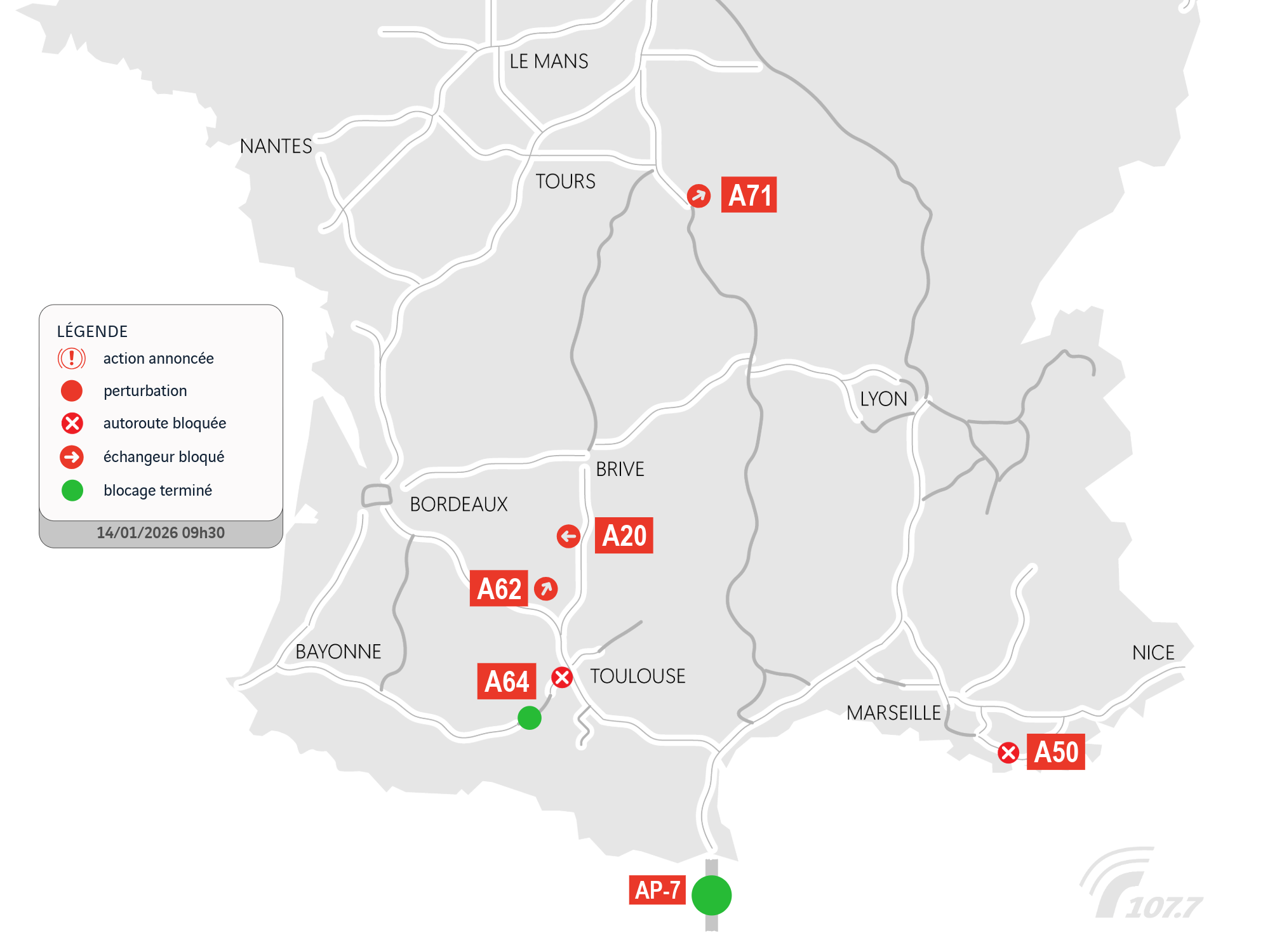 Carte des Blocages agricoles : A50, A64, A62, A20 et A71 perturbées ce mercredi 14 janvier