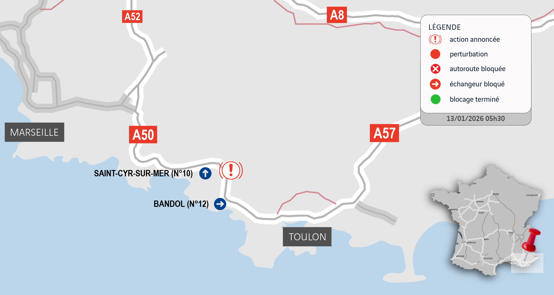 Carte. A50 bloquée ce mercredi 14/1 : Manifestations d'agriculteurs de Bandol à Saint-Cyr