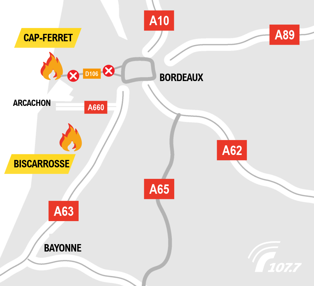 A10 - A63 - A660 - D106 - Cap-Ferret, Lège, Biscarrosse : accès impossible à plusieurs secteurs
