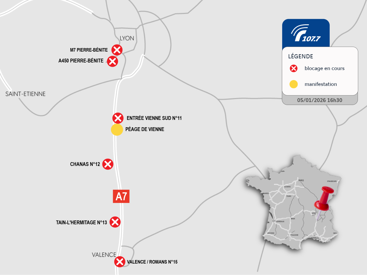 Manifestations agriculteurs : des sorties bloquées sur A7 et la M7 coupée à Lyon ce lundi