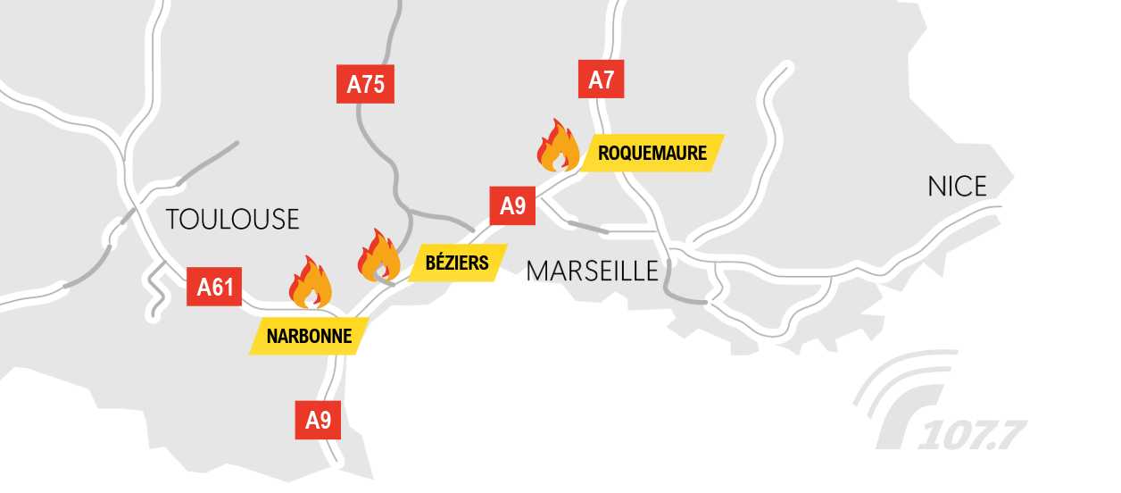 En direct • Feux de végétation sur A9 : coupures et bouchons autour d’Orange, Narbonne et Béziers