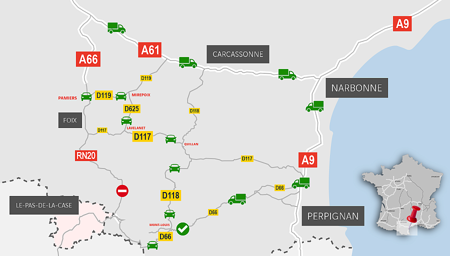 Carte : La RN20 toujours coupée par un éboulement. La D66 rouverte. Détail des déviations