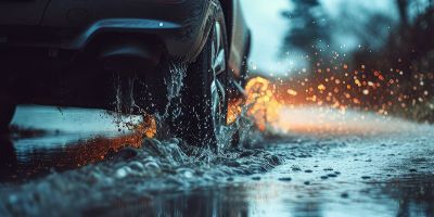 Voiture passant dans une flaque d'eau lors de fortes pluies